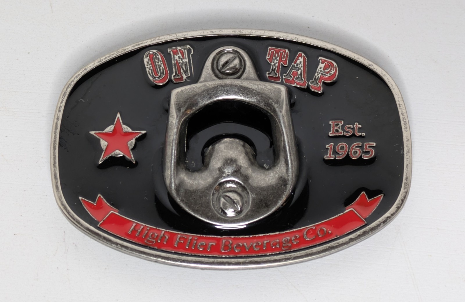 On Tap Belt Buckle Bottle Opener High Flier Beverage Black Red Silver