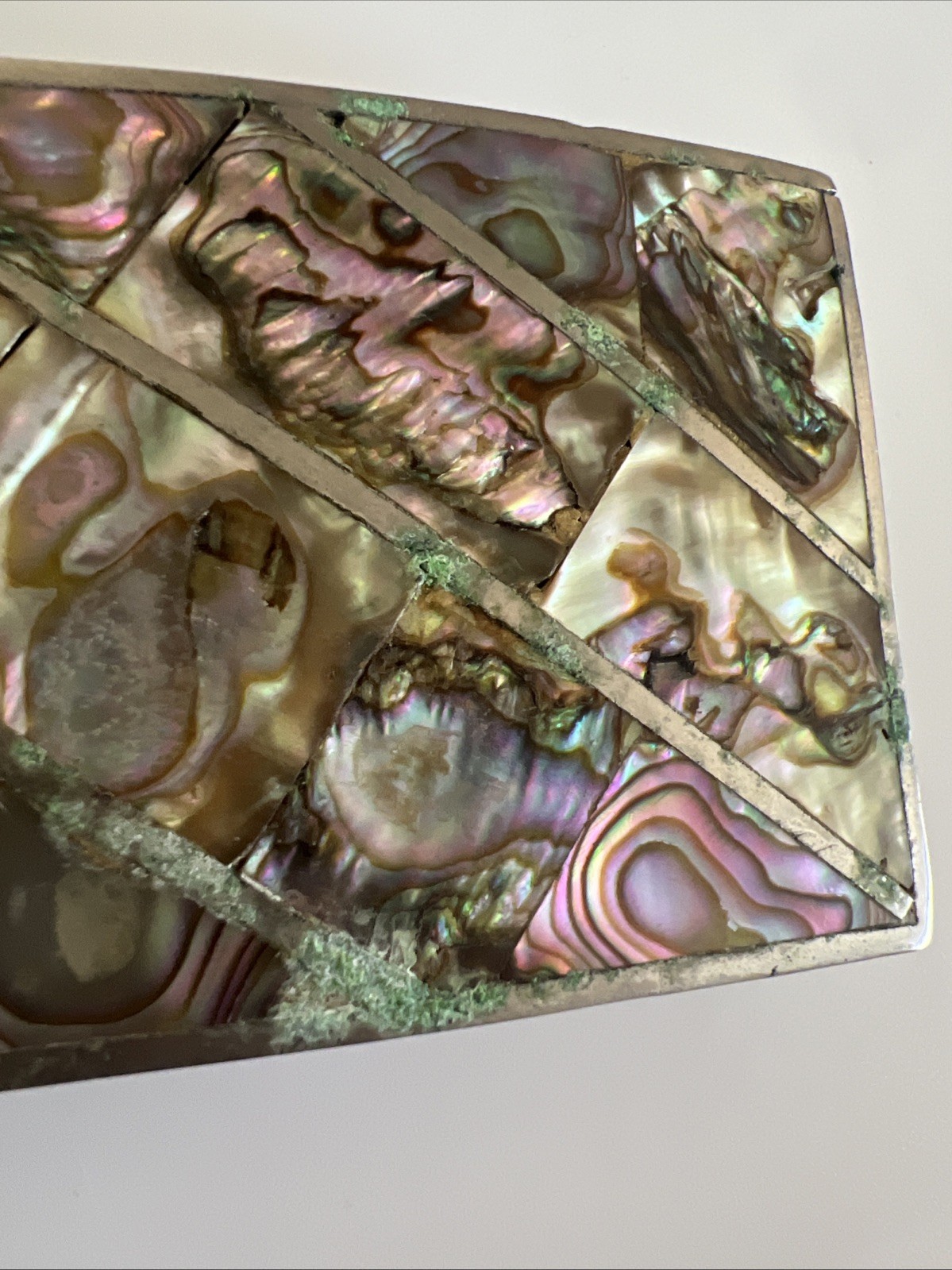 Vintage Abalone Shell Mother of Pearl Silver Tone Rectangular Belt Buckle