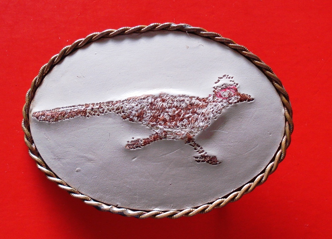 VTG Embroidered Roadrunner Leather Nickel Silver Belt Buckle