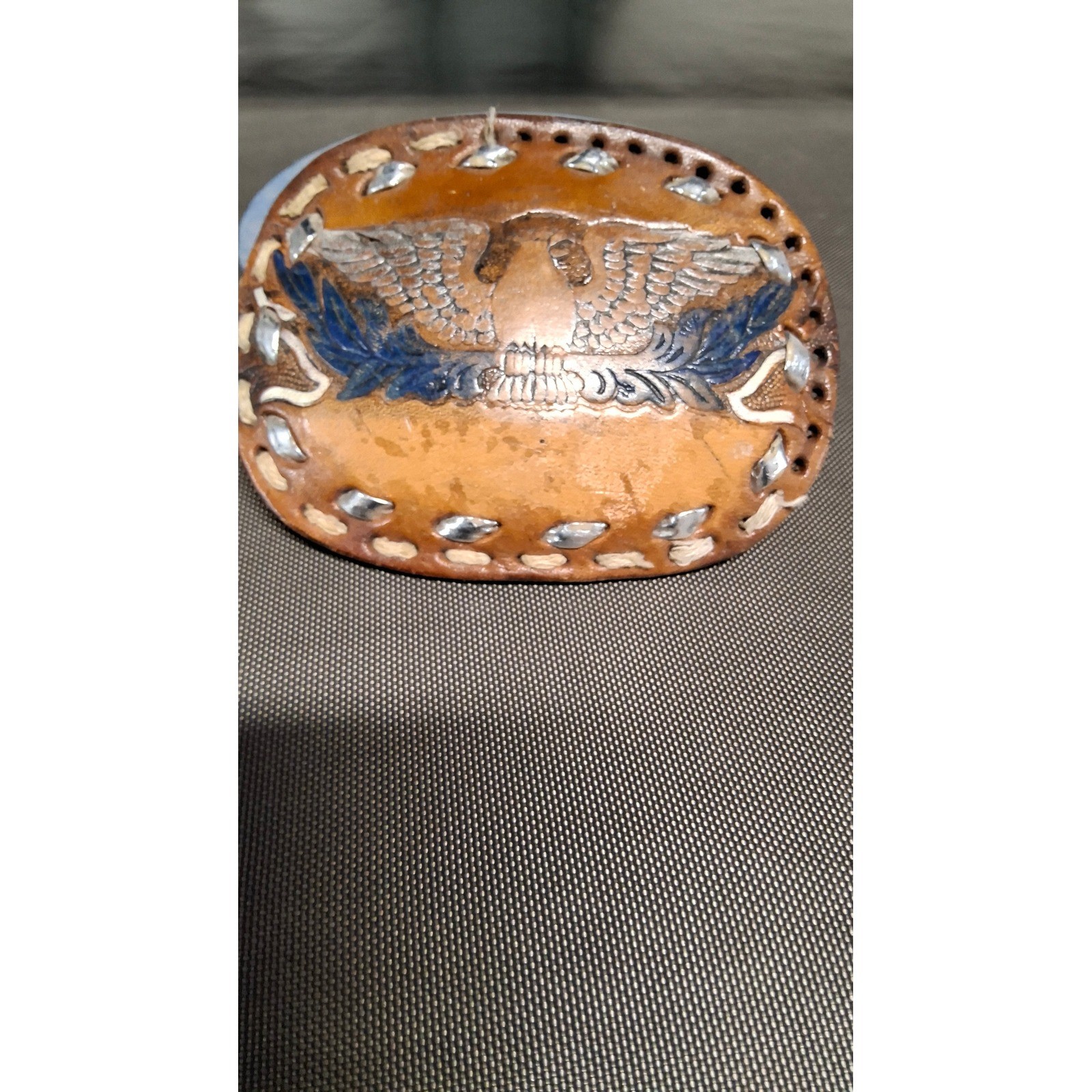 Vintage Hand Tooled Leather Eagle Belt Buckle Western Americana Brown Blue (SB2)