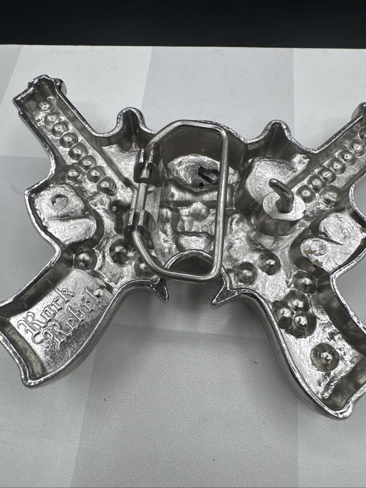 Rockin Rebel / Jeweled Skull And Guns Buckle / Rhinestones Belt Unisex 4”X3.5”
