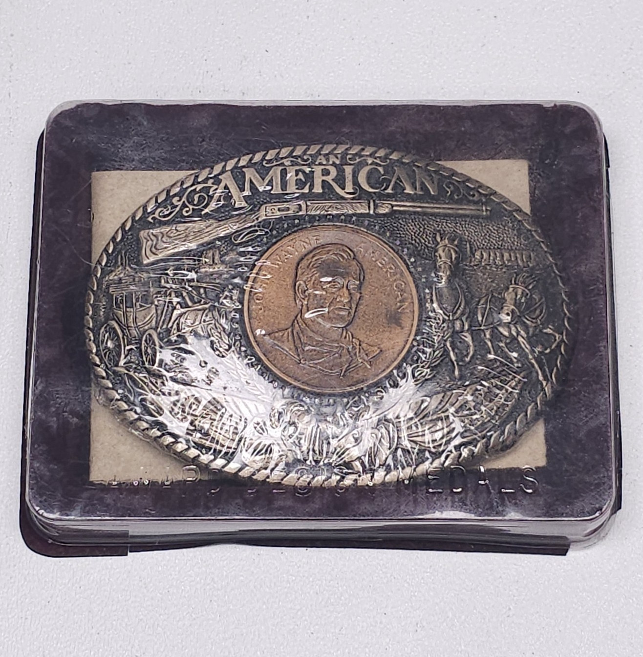 Vtg John Wayne American Belt Buckle Solid Brass Rainy Mtn Designs SEALED 1st Ed.
