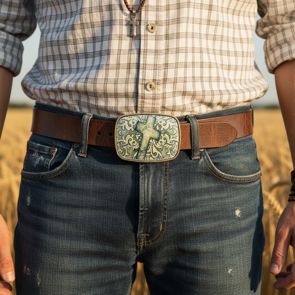 Men / Women Belt Buckle Cross Print Western Fashion Casual Jeans Pant Day Night