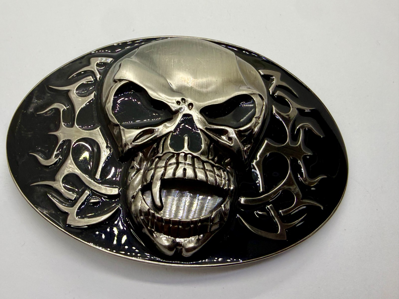 Creepy Flaming Vampire Skull with Fang Gothic Punk Pre Loved Belt Buckle