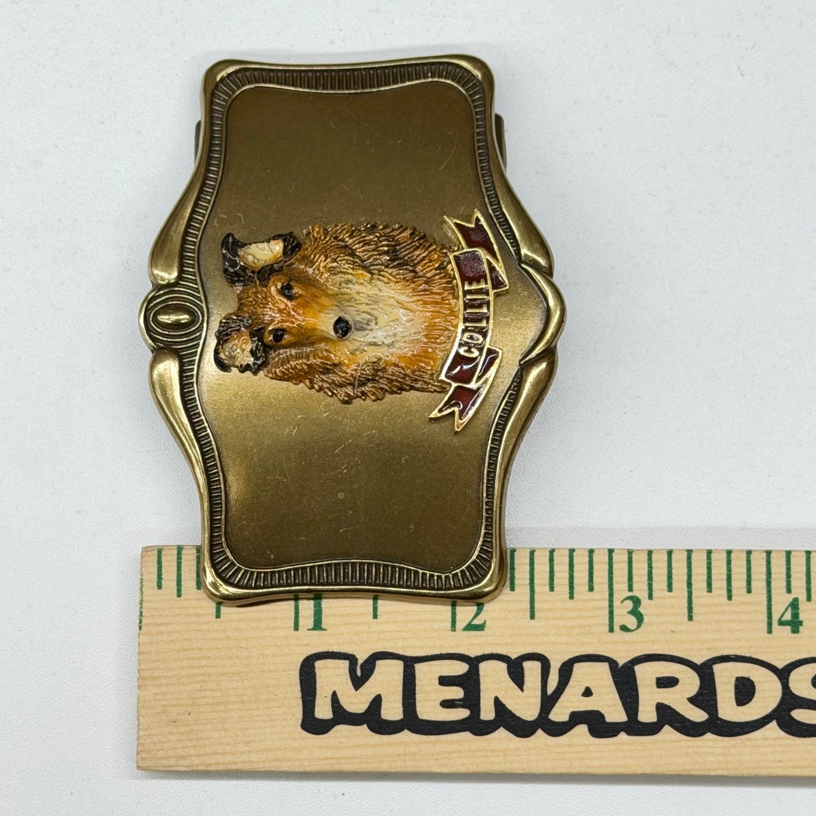 Vtg 1978 AHM Collie Dog Brass Belt Buckle Enamel 3D Relief Animal Collectible