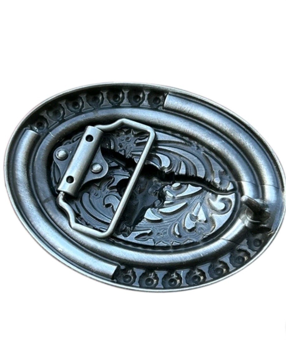 Steer Skull W/Horns Oval Belt Buckle Western Cowboy Engraved Silver Tone