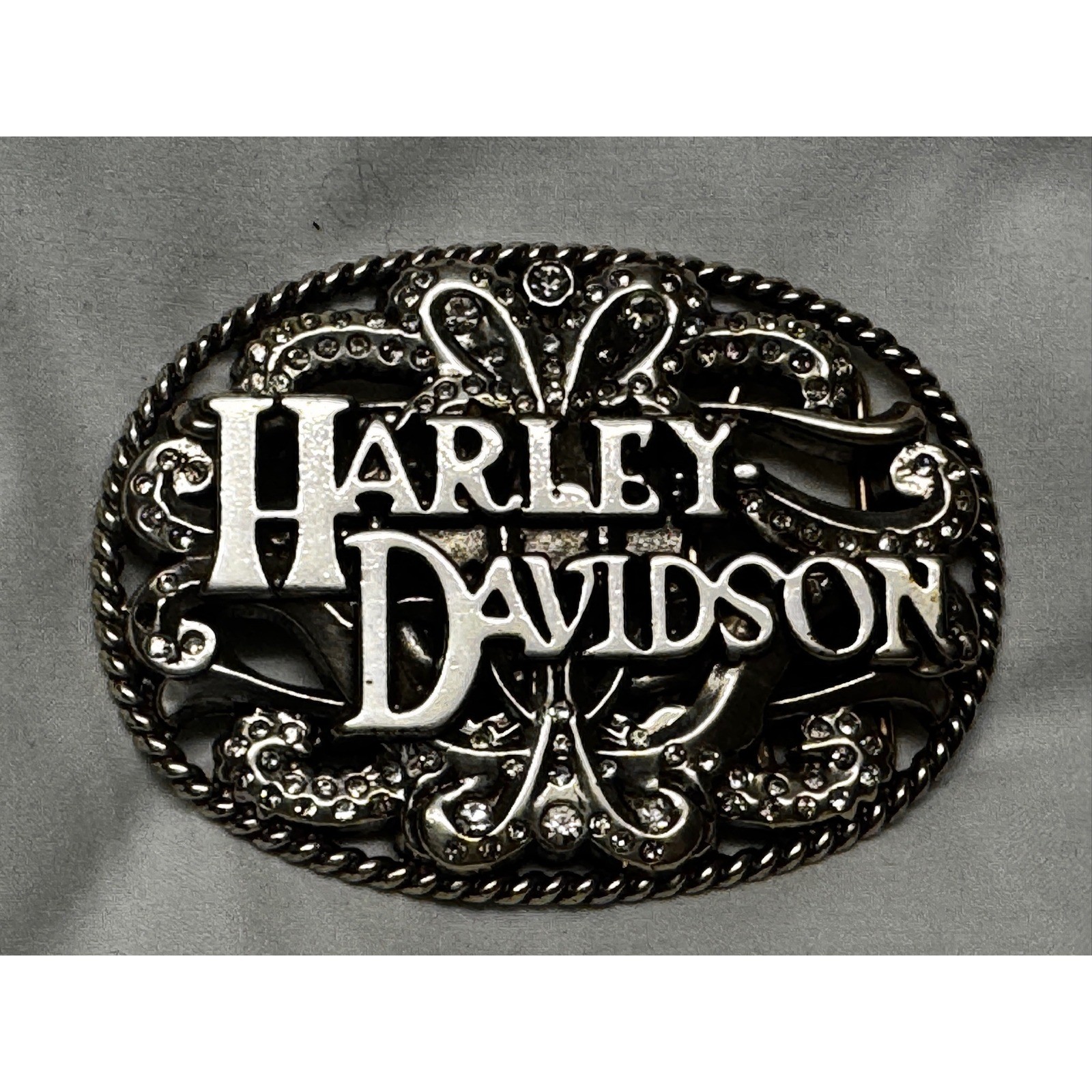 Harley Davidson Belt Buckle Silver Tone Filigree Rhinestone Biker Oval Scroll