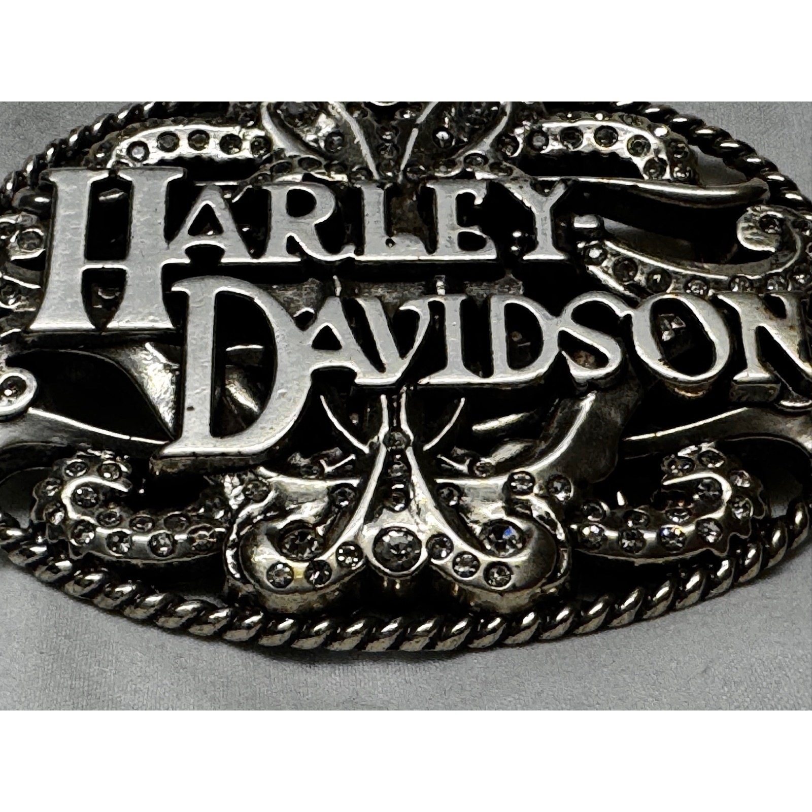 Harley Davidson Belt Buckle Silver Tone Filigree Rhinestone Biker Oval Scroll