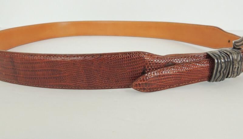 Chacon Sterling Buckle Genuine Lizard Belt Made In USA Mens 36 Marked Sterling