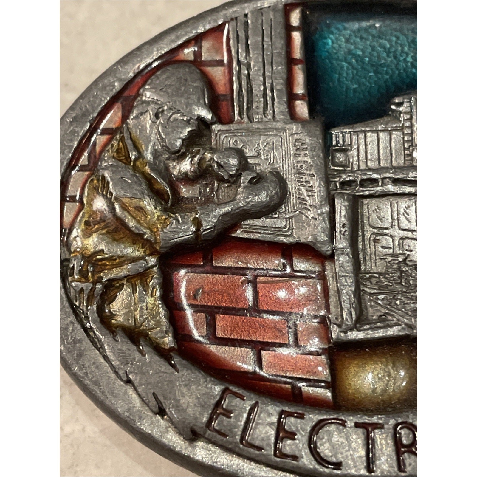 1988 C&J Vintage Electrician Pewter Enamel Belt Buckle 1054 Made USA 3.25×2.5”