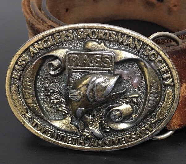 BASS ANGLERS SPORTSMAN SOCIETY BRASS Belt Buckle Tooled Leather 20th Anniversary
