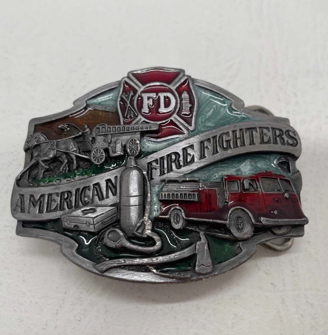 American Fire Fighter Belt Buckle SiskiYou 1988 Made in USA Fire Engine Pewter