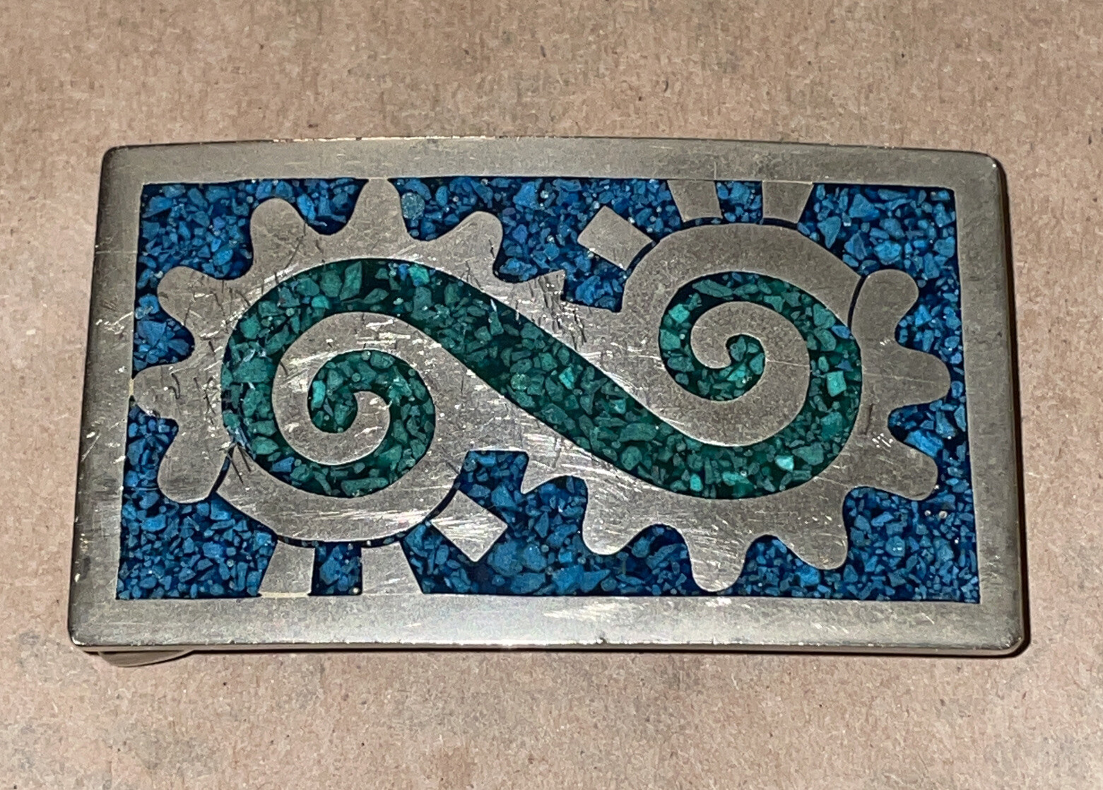 made in MEXICO vintage BELT BUCKLE turquoise SILVER gold 3×1.75” aztec inca
