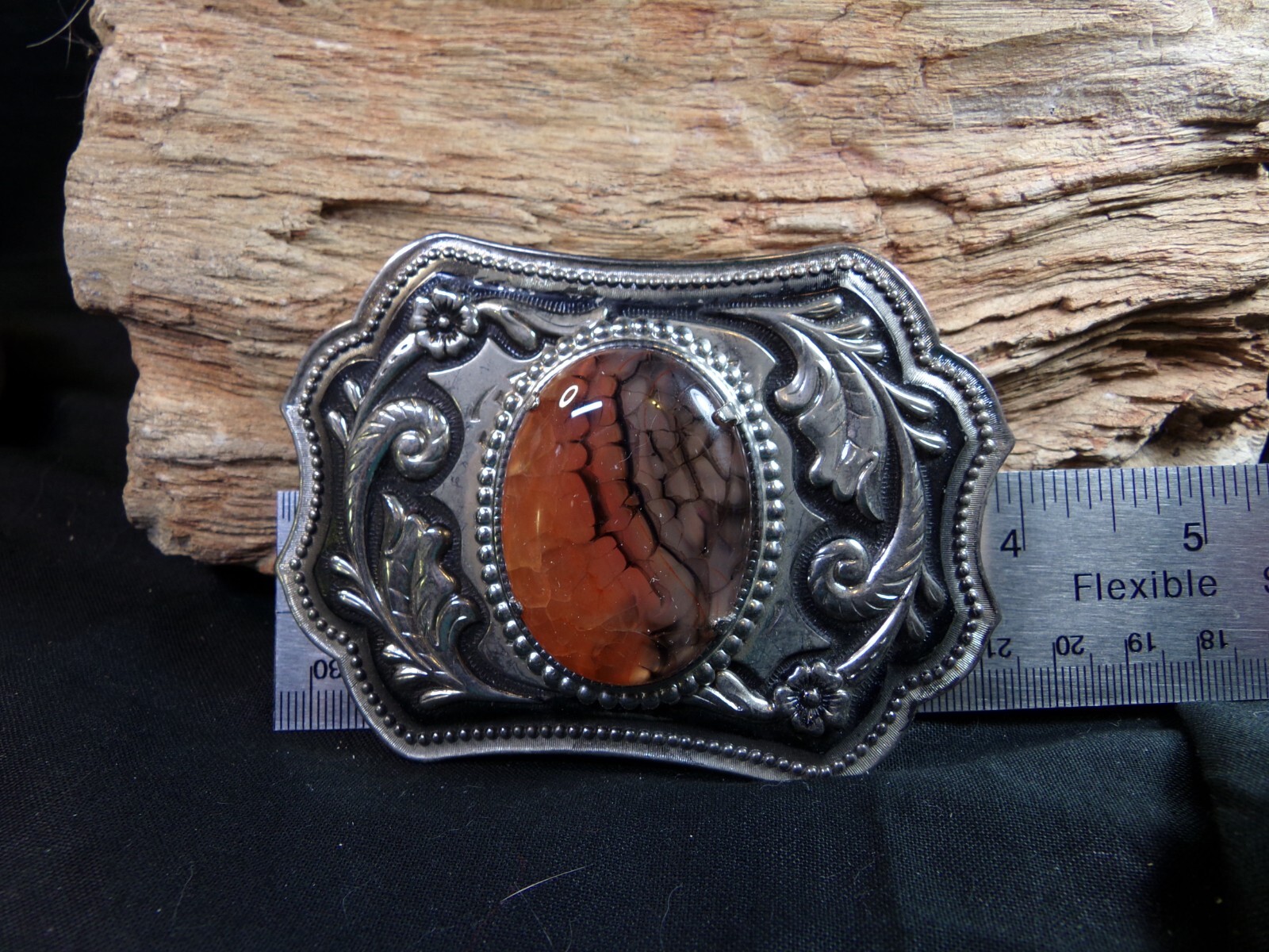 Belt Buckle Silver-tone & Black, with I believe is a Huge Dragon Agate Stone