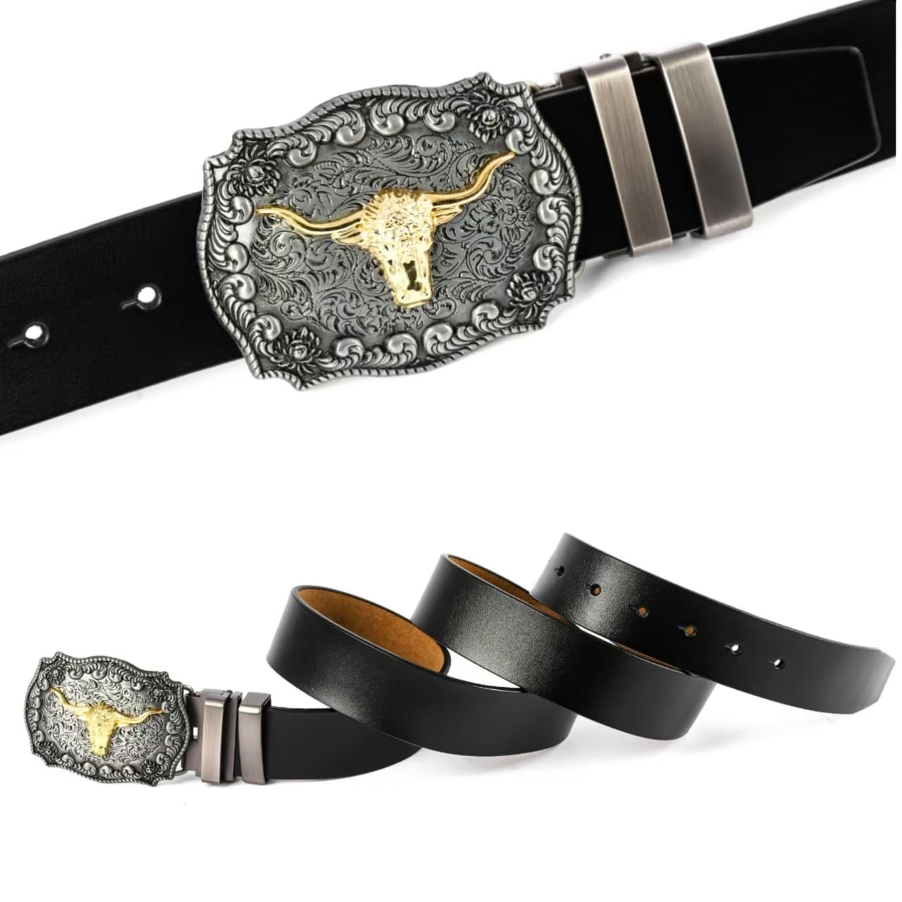 POSKLA Western Belt Cowboy Belts for Men Women, Large, Long Horn Bull