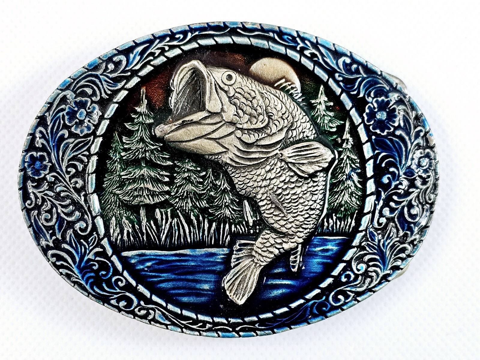 Indiana Metal Craft Belt Buckle Jumping Largemouth Bass Fish Embossed 1982 Vtg