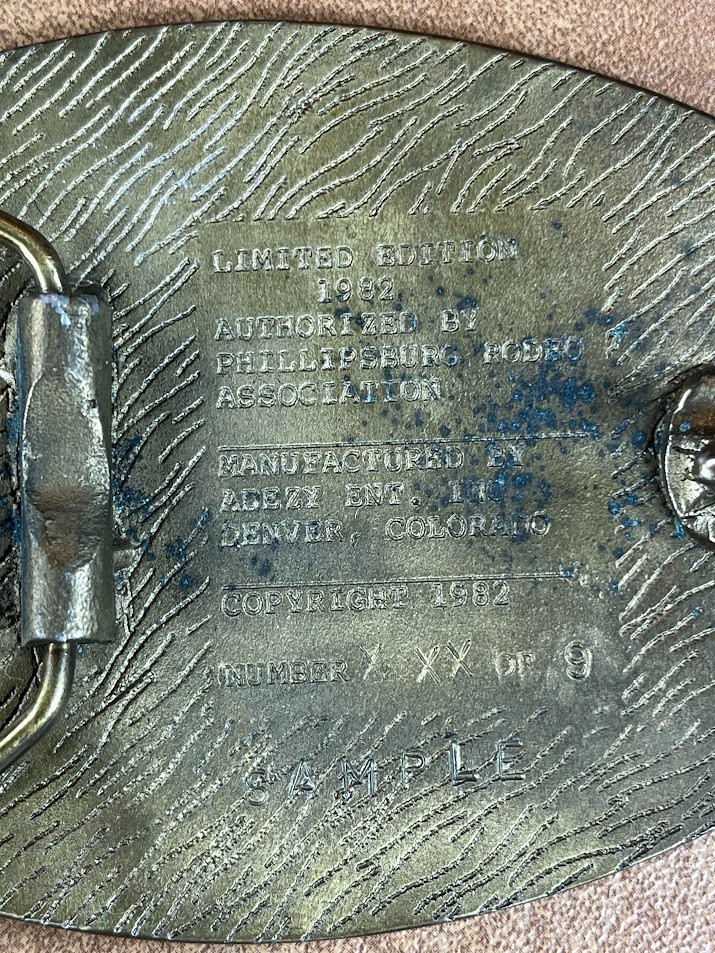 1982 Kansas&rsquo; Biggest Rodeo Phillipsburg Kansas Brass Belt Buckle Sample
