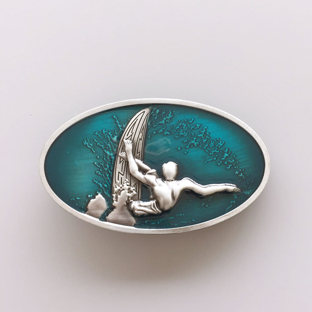 Vintage Enamel Surfing Boy Sport Oval Belt Buckle Gurtelschnalle