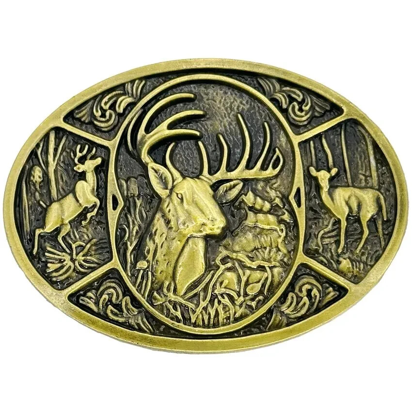 Belt Buckle, Western Buck Deer Hunter Hunting Bronze Metal