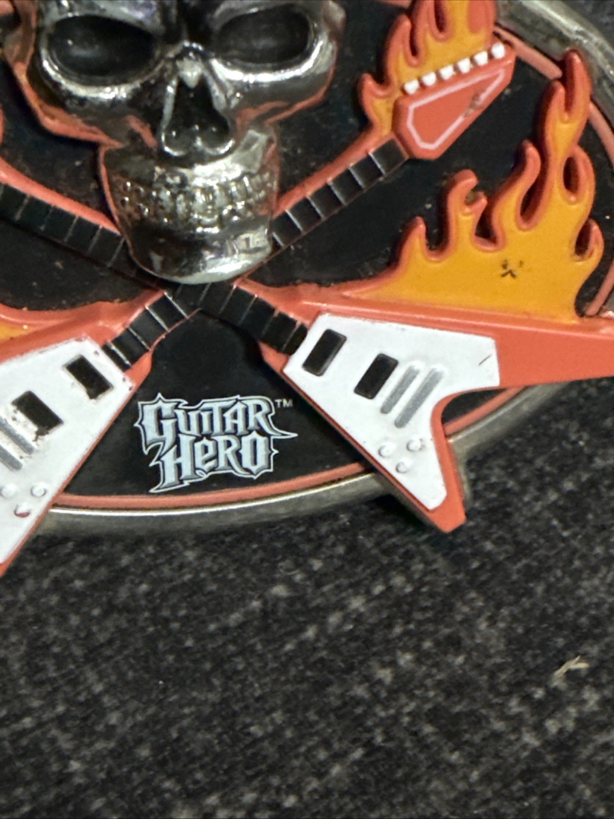 Plastic Guitar Hero Belt Buckle With Skull & Flames