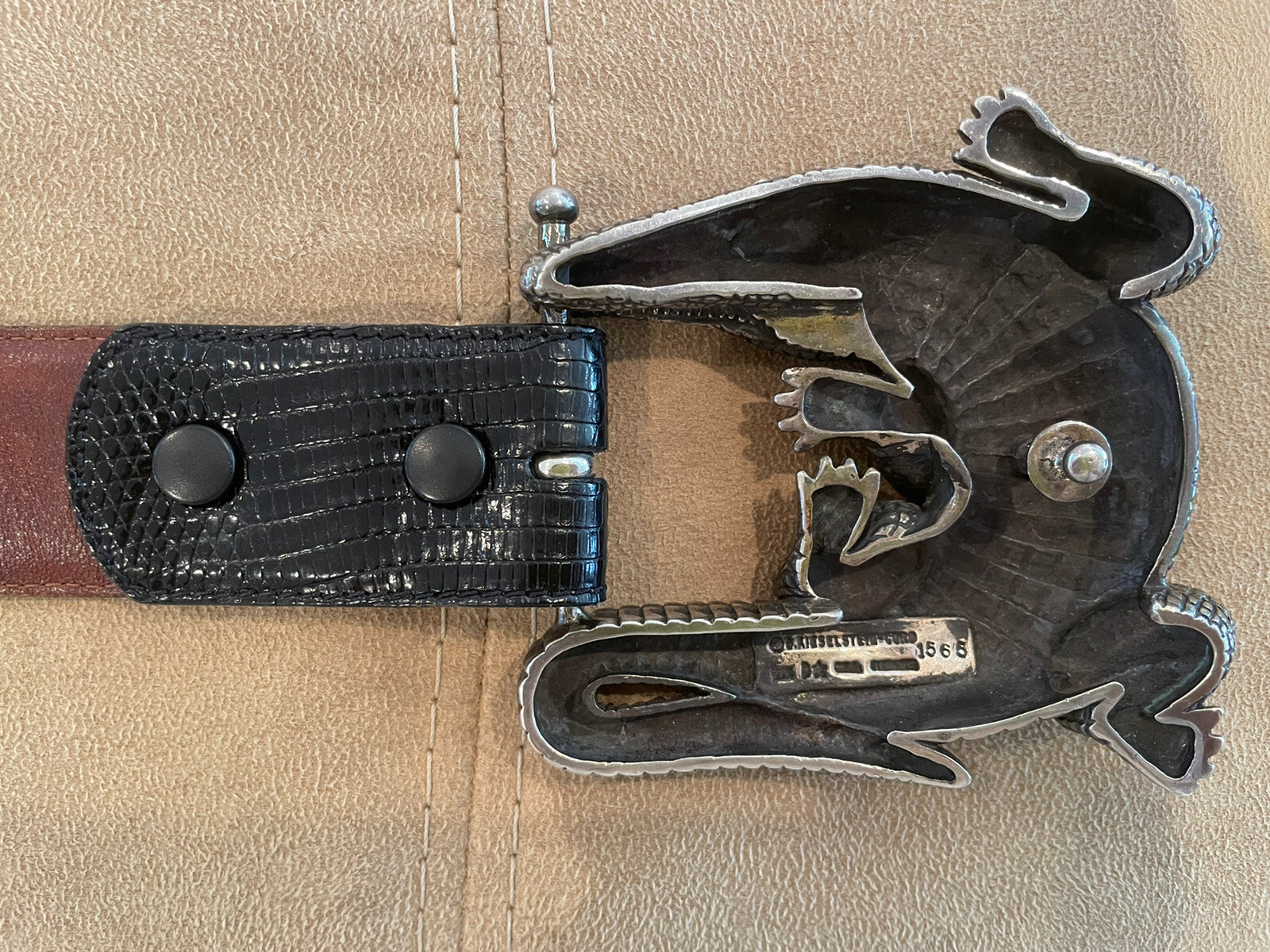Huge Kieselstein-Cord Sterling Alligator Buckle With Black Lizard Belt Size 1