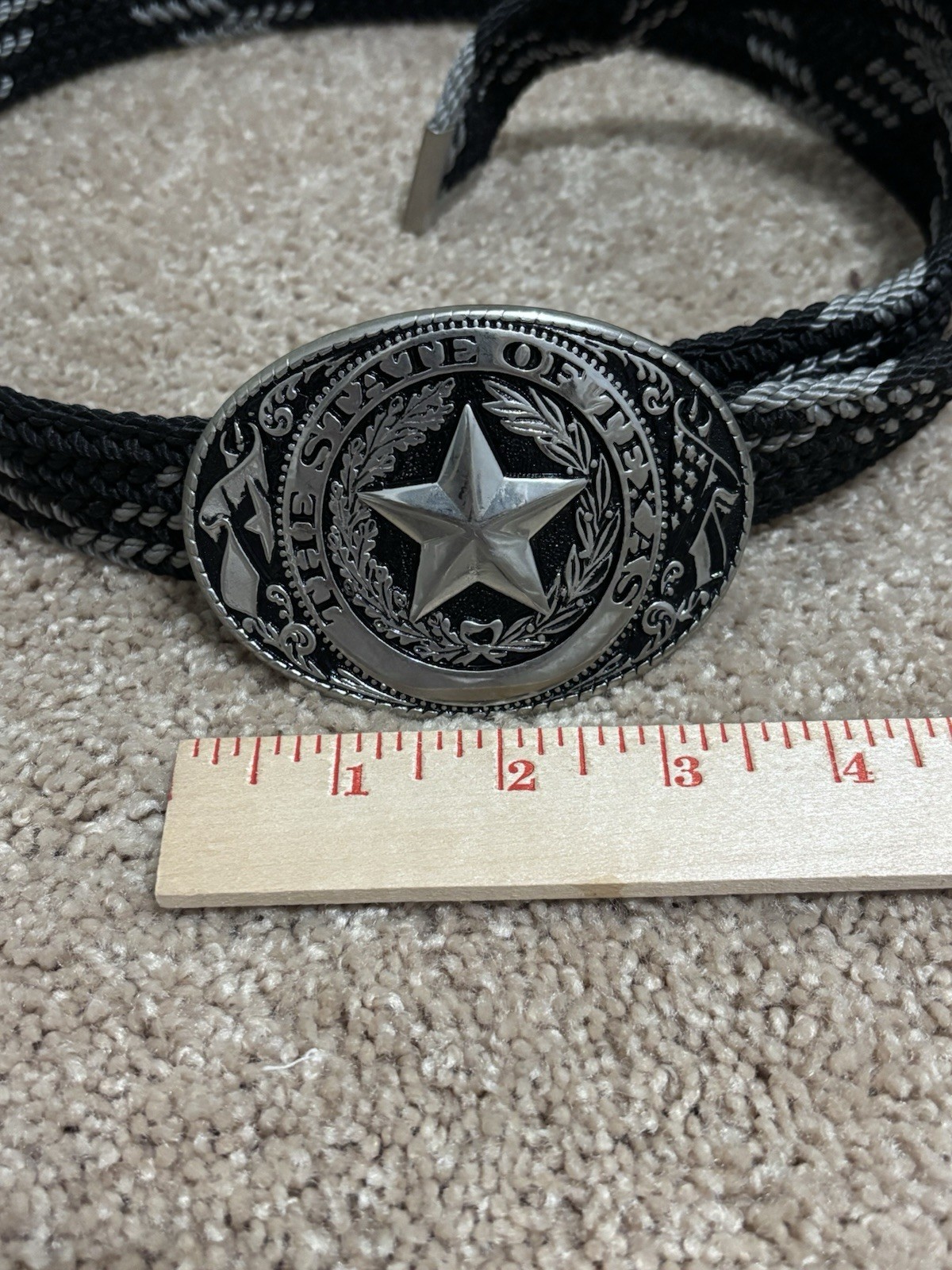 Men&rsquo;s Black And Grey Nylon Belt Silvertone State Of Texas Belt Buckle Western US