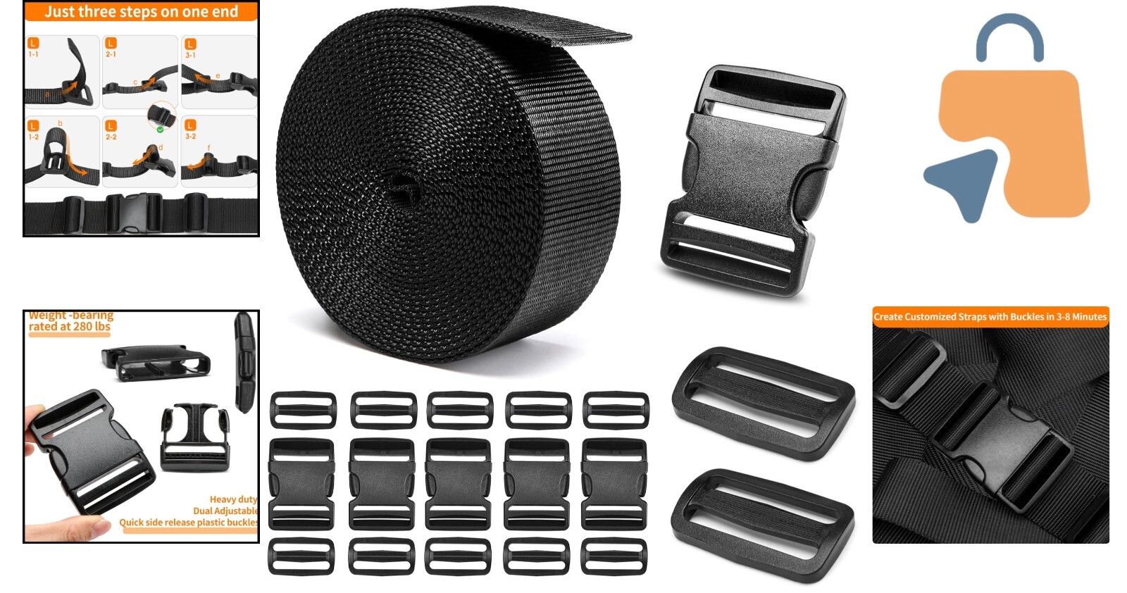Quick-Release 6-Pack Heavy-Duty Buckles with 6 Yards of Strong Nylon Webbing