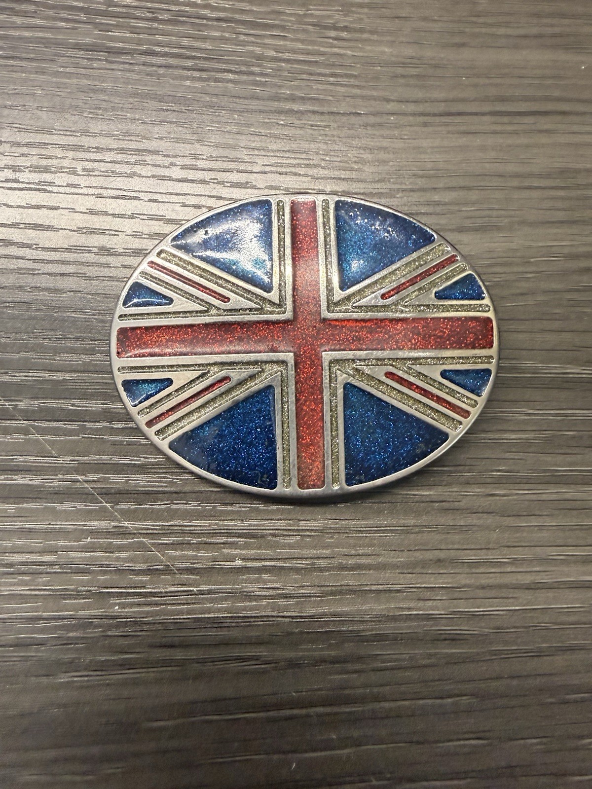 Vintage British Flag Belt Buckle Union Jack Glitter Enamel On Silver Tone Metal