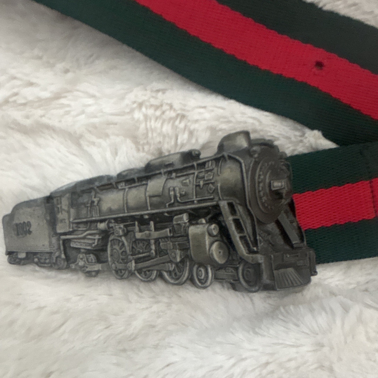 Train Locomotive Metal Belt Buckle Silver Red Green Striped Fits 1.5in
