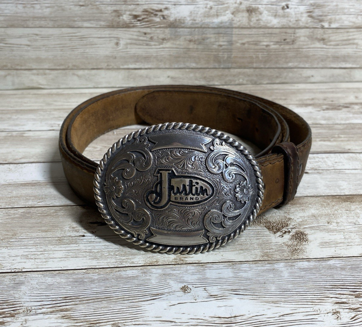 Justin Belt Mens Brown Leather Silver Tone Buckle Floral Scroll Western Cowboy