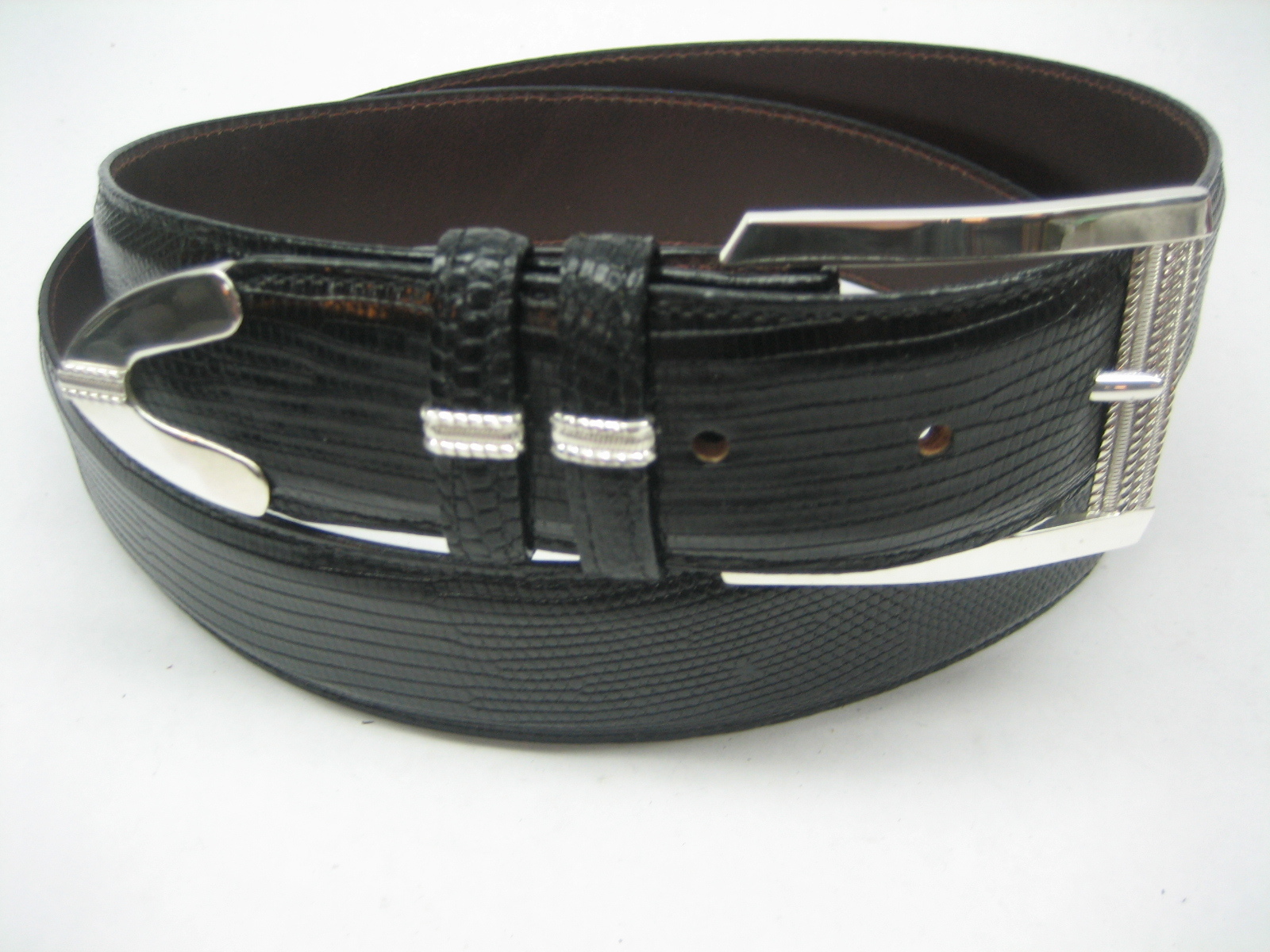 STERLING SILVER 925 BUCKLE TWO LOOP AND TIP SET & GENUINE LIZARD 1.5&Prime; BELT U.S.A