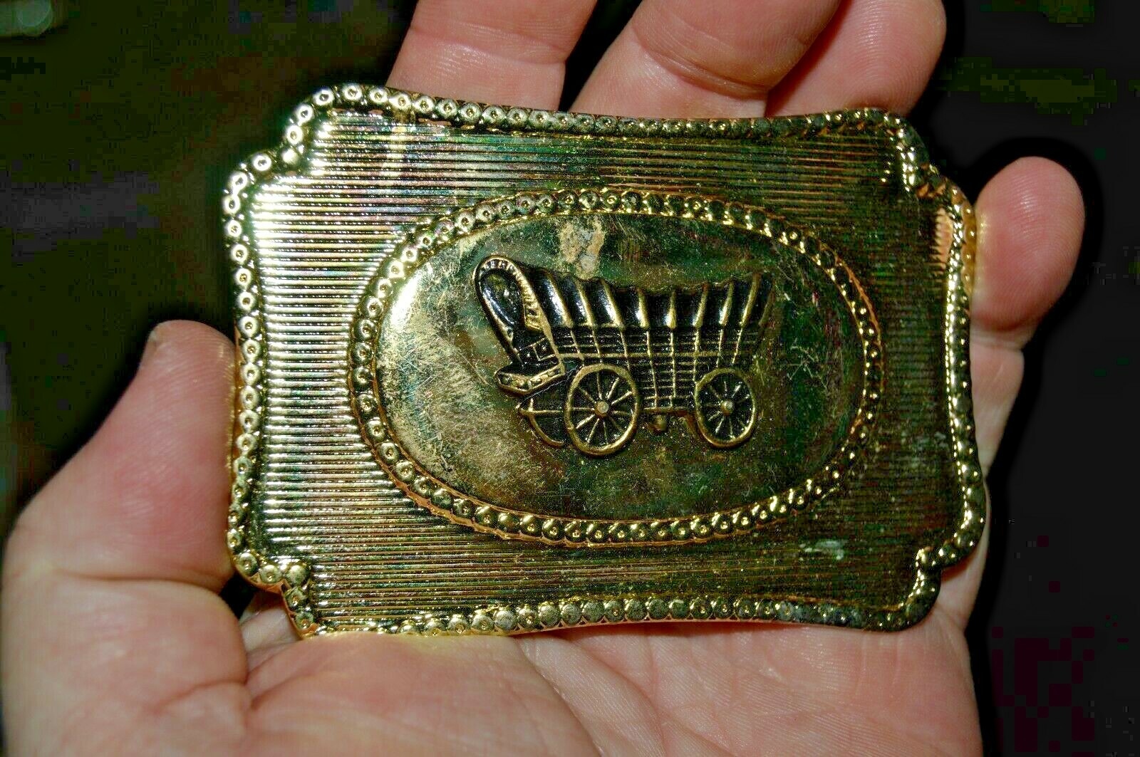 Vintage Golden Metal Western Cowboy Covered Wagon Trail Belt Buckle Hong Kong