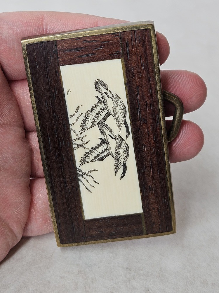 Vintage 1978 Brass Wood Duck Etched Belt Buckle