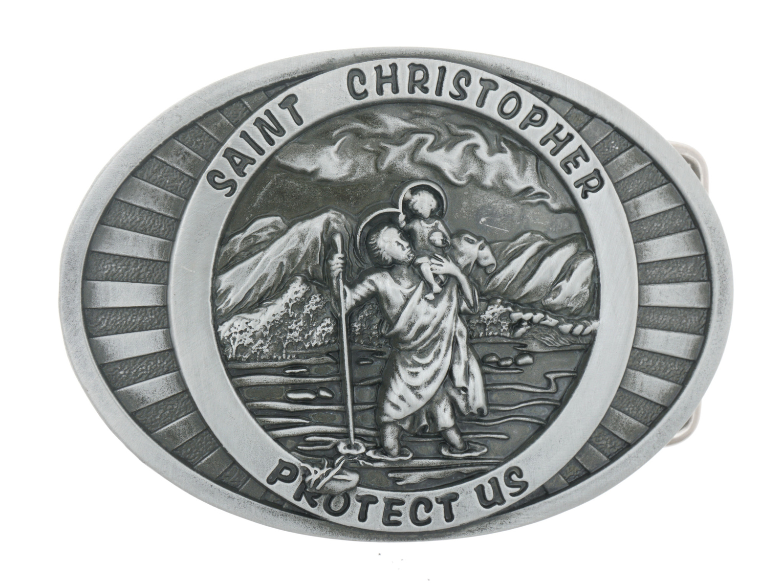 Saint St. Christopher Protect Us Christian Metal Belt Buckle