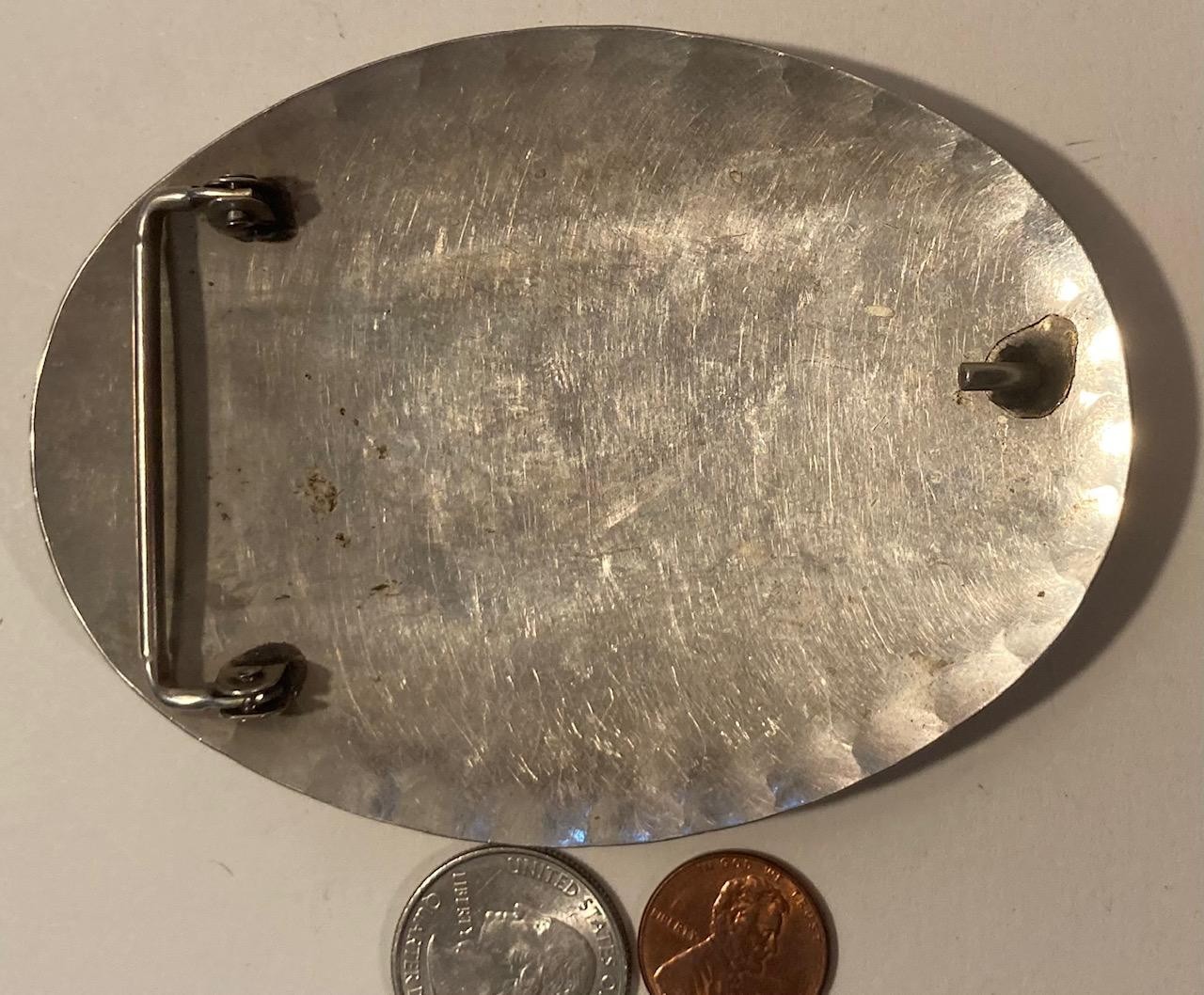 Vintage Metal Belt Buckle, Silver and Turquoise, Bass, Fishing, Hand Crafted