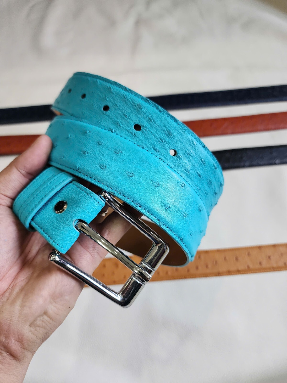 3.8CM Turquoise 100% Genuine Body Ostrich Leather Skin Mens Belt Buckle-Handmade