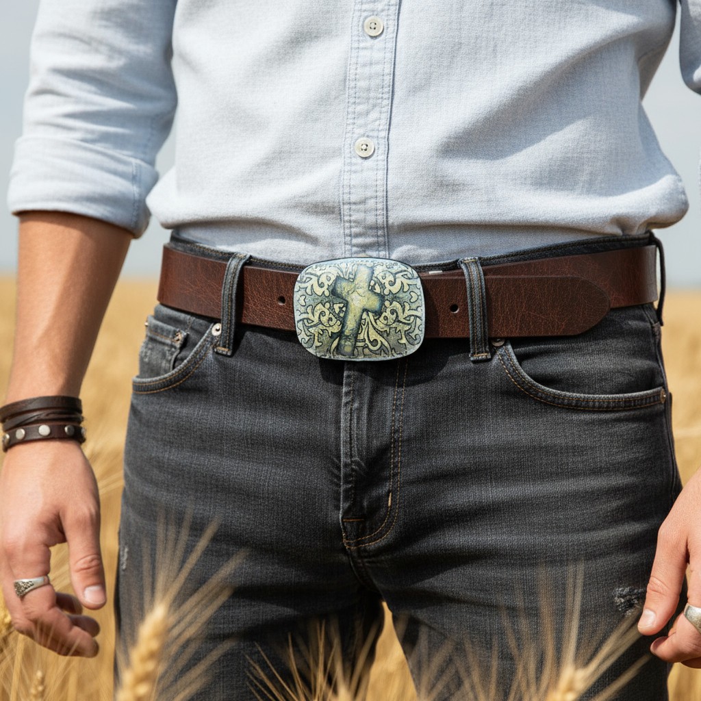 Men Women Belt Buckle Black Faux Leather Religious Cross Western Weekend Style