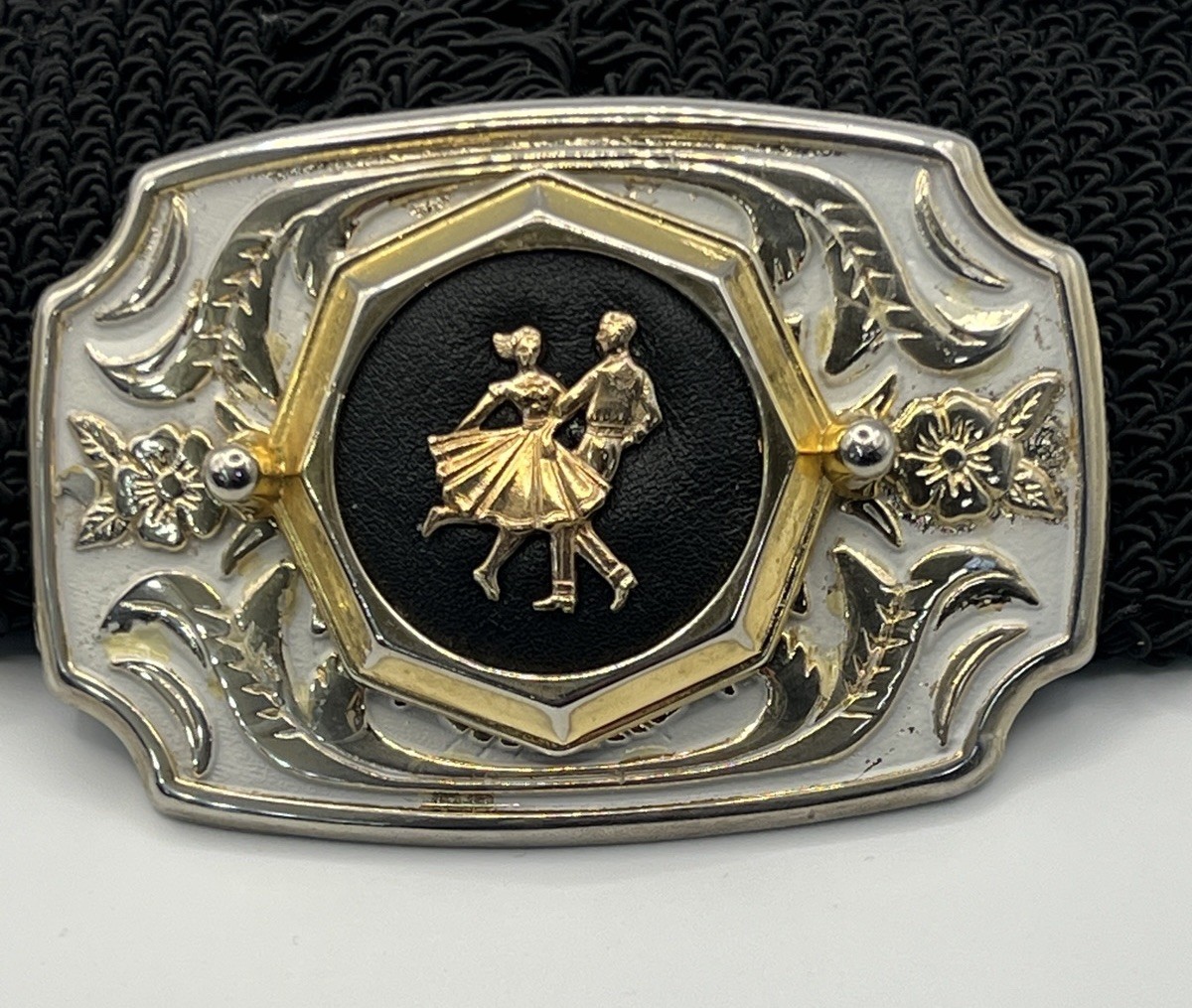 Western White Enamel Gold Tone Belt Buckle Couple Dancing Dance Floral Scroll