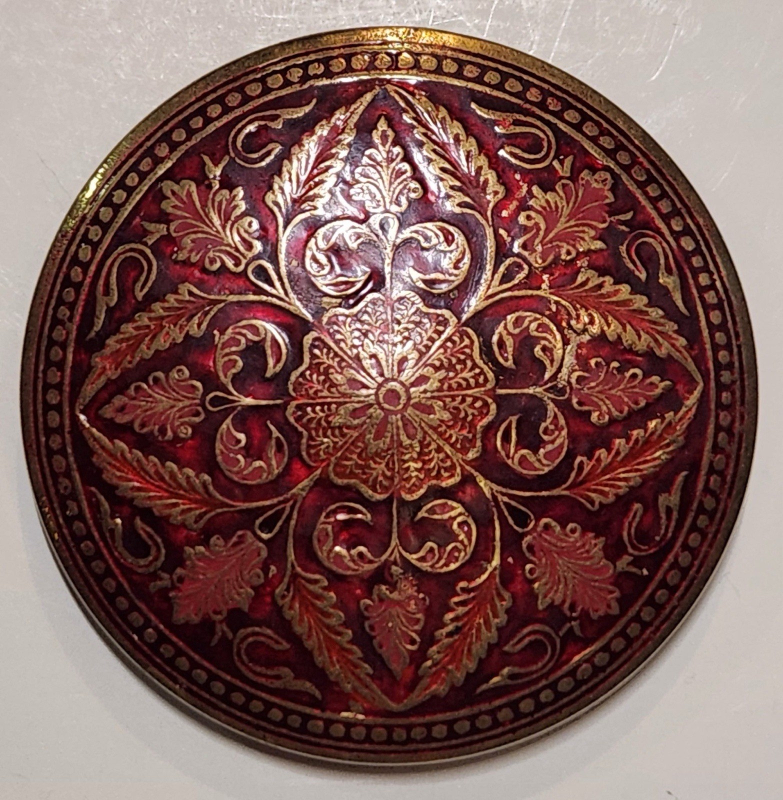 Vintage Red Enamel Floral Damascene Style Round Belt Buckle India 4.75”