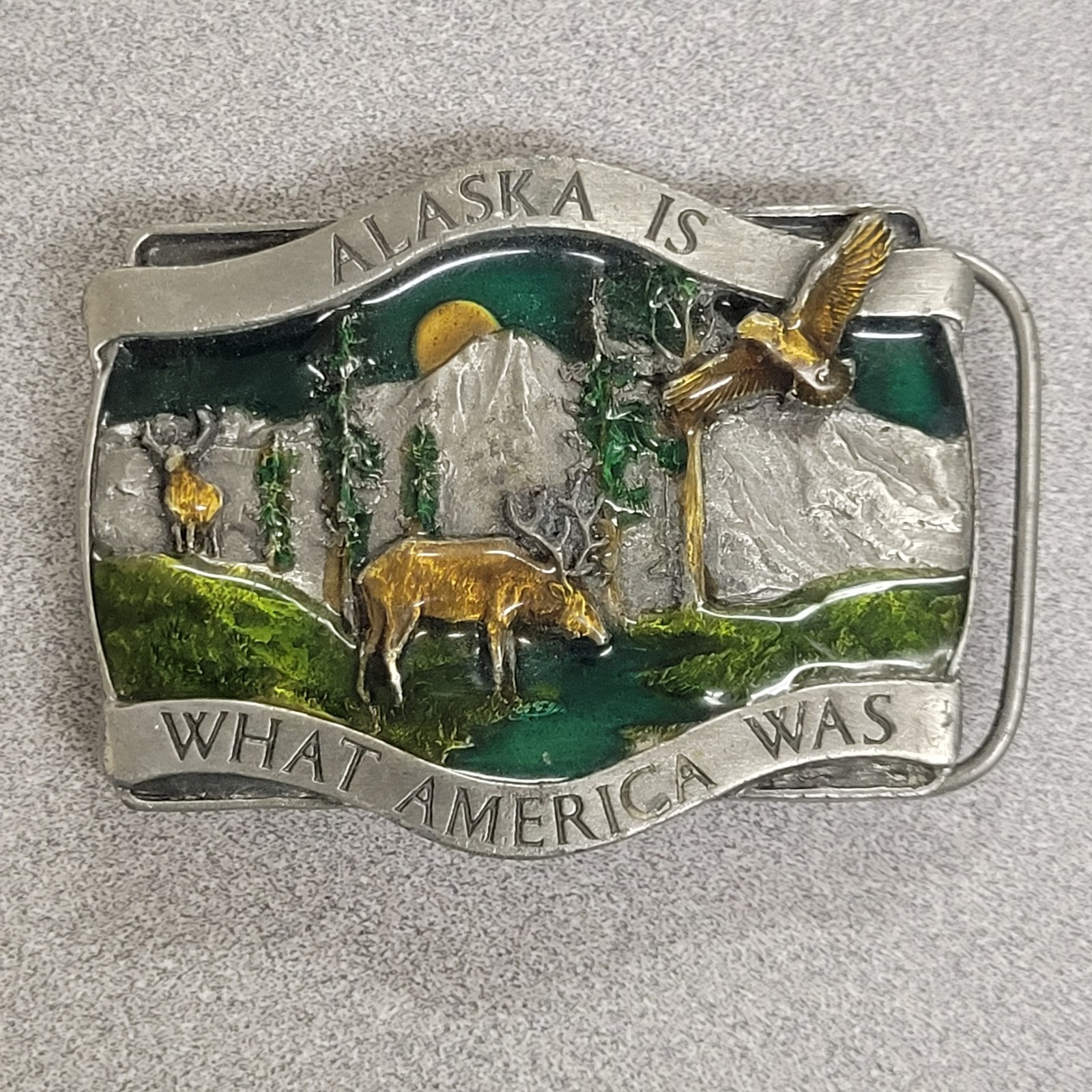 VTG Alaska Belt Buckle What America Was Bergamot Brass & Enamel Silver Tone 1981