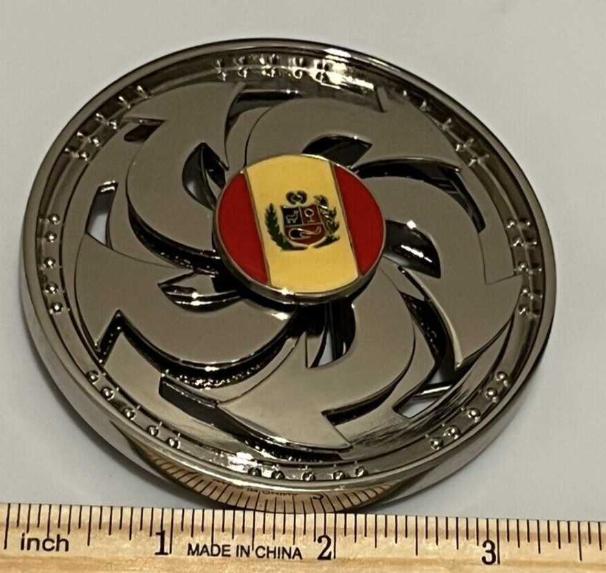 Spinner Belt Buckle Peru Flag Yellow Red Round Center Spinners Silver Bling