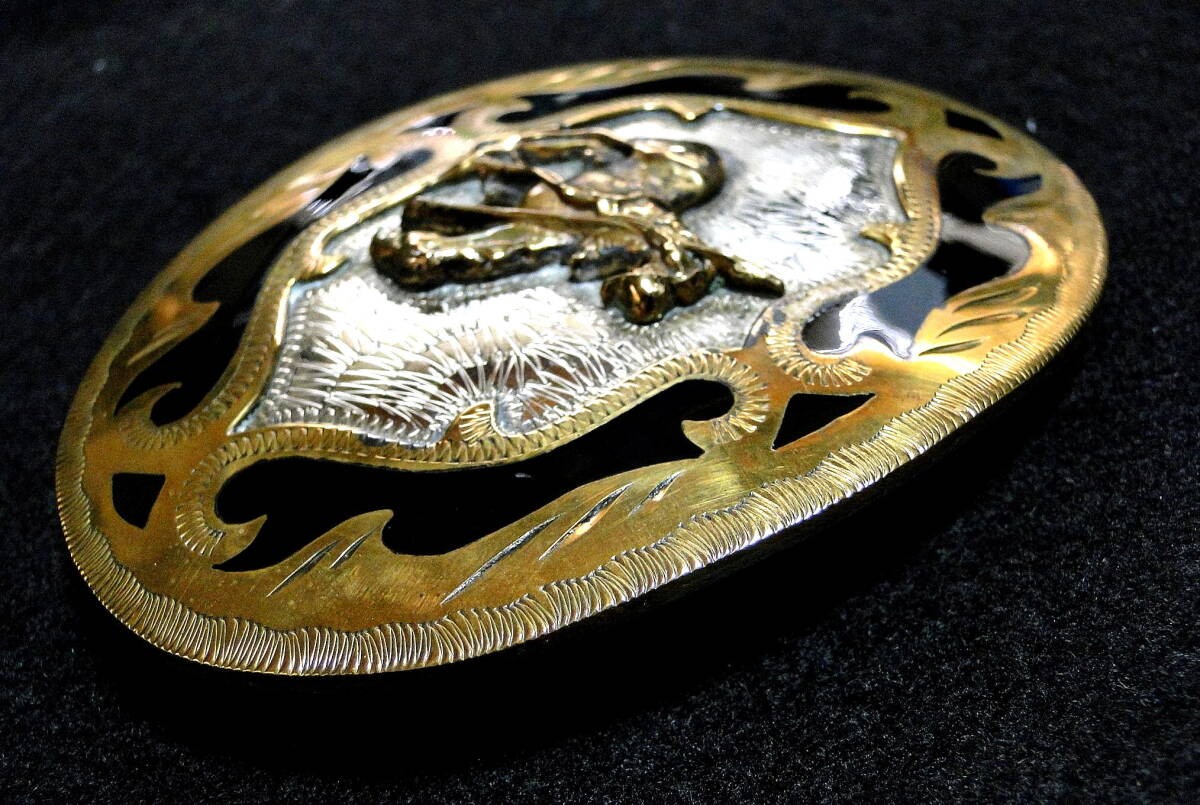 90&rsquo;s Vintage Texas End of the Trail Native German Silver Brass Belt Buckle