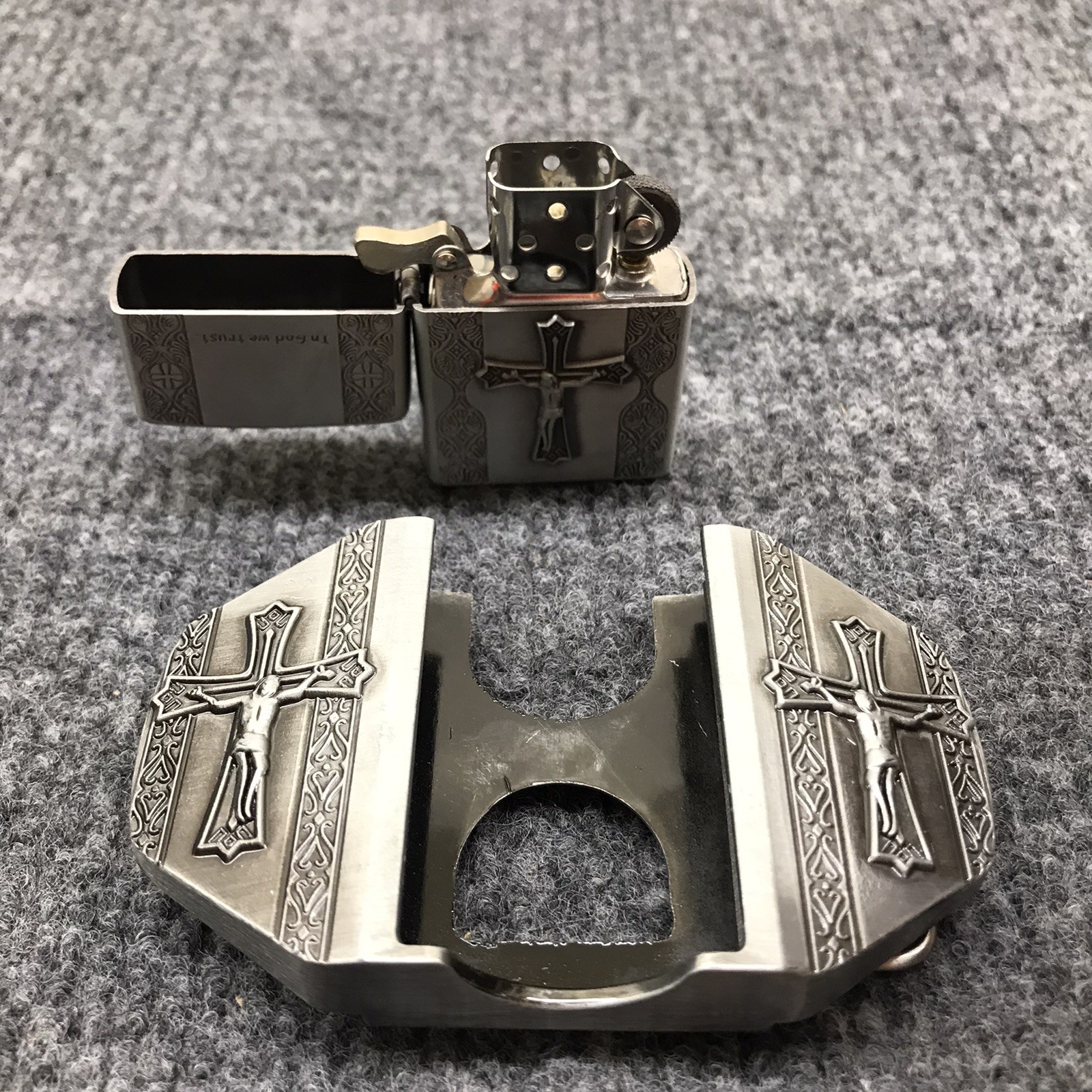 Antique Brushed In God we Trust Cross Belt Buckle with Lighter, Stock in US