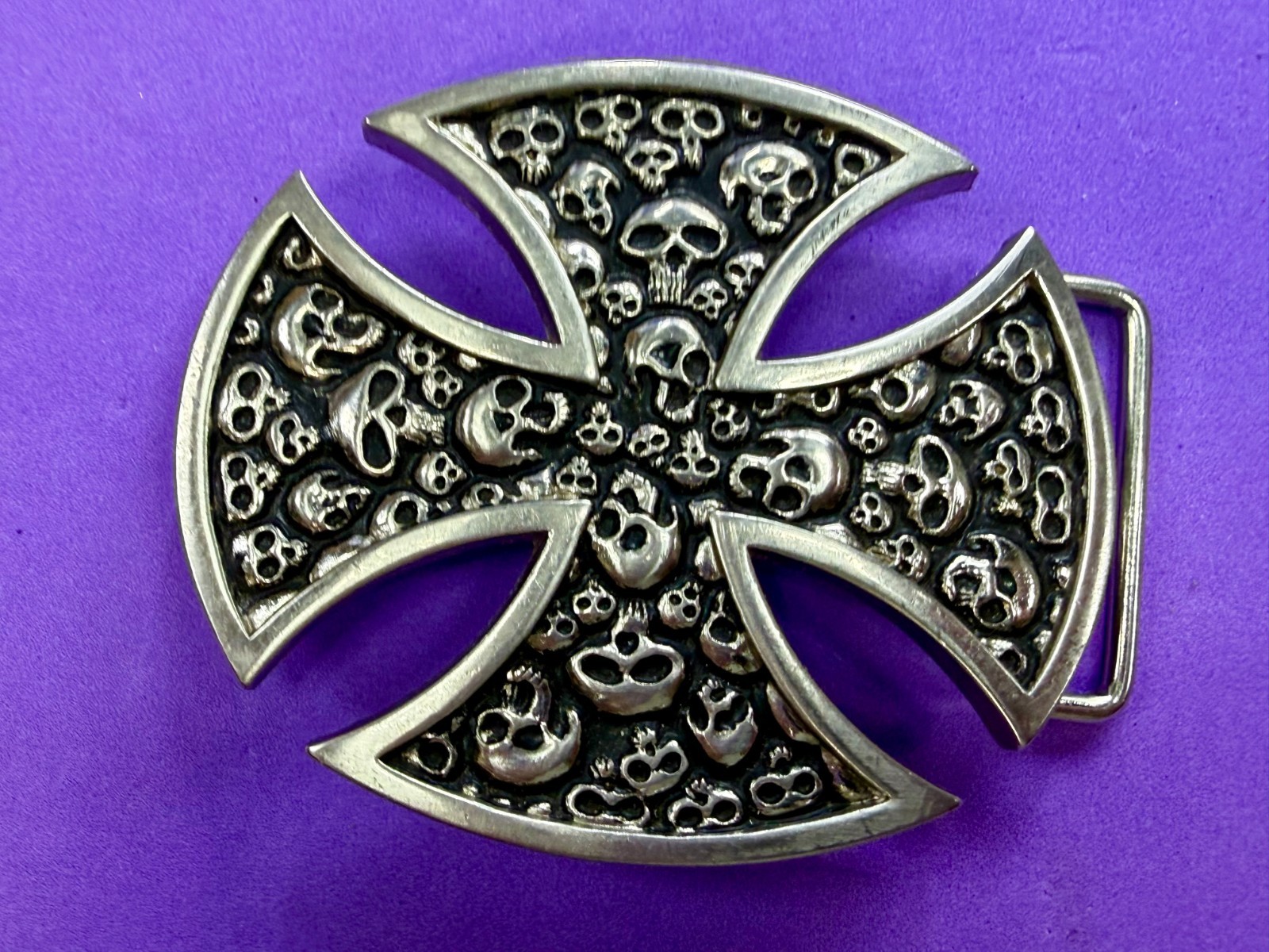 Maltese Iron Cross Studded Skull Design Gothic Punk Vibe Cutout Belt Buckle