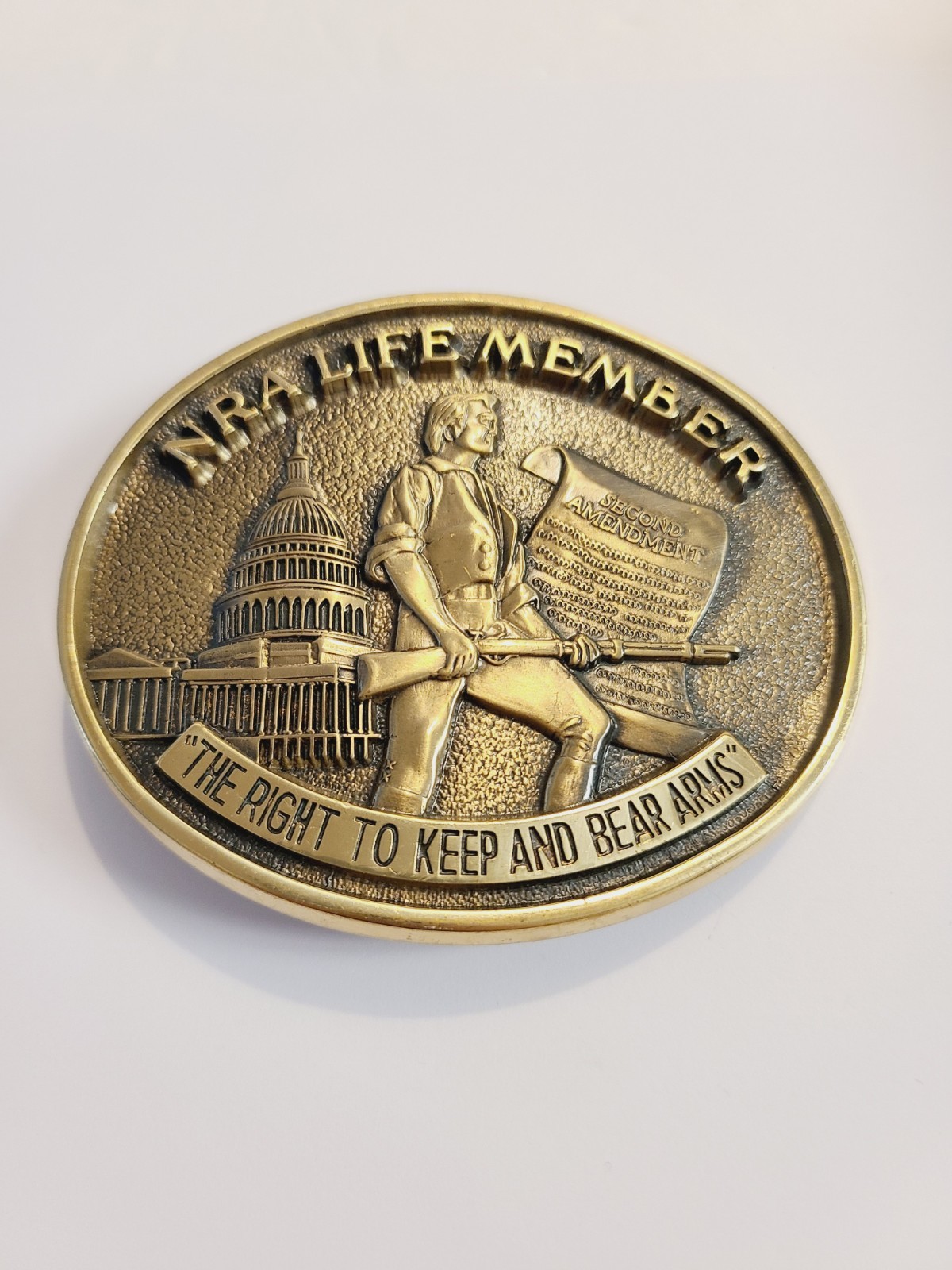 NRA LIFE MEMBER Oval Solid Brass « Right To Keep and Bear Arms » Belt Buckle