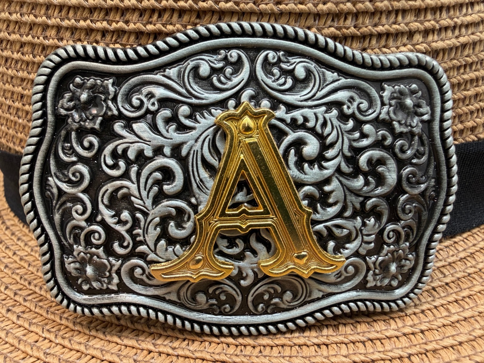 Antiqued Silver Gold Initial A Rectangle Western Cowboy Floral Vine Belt Buckle