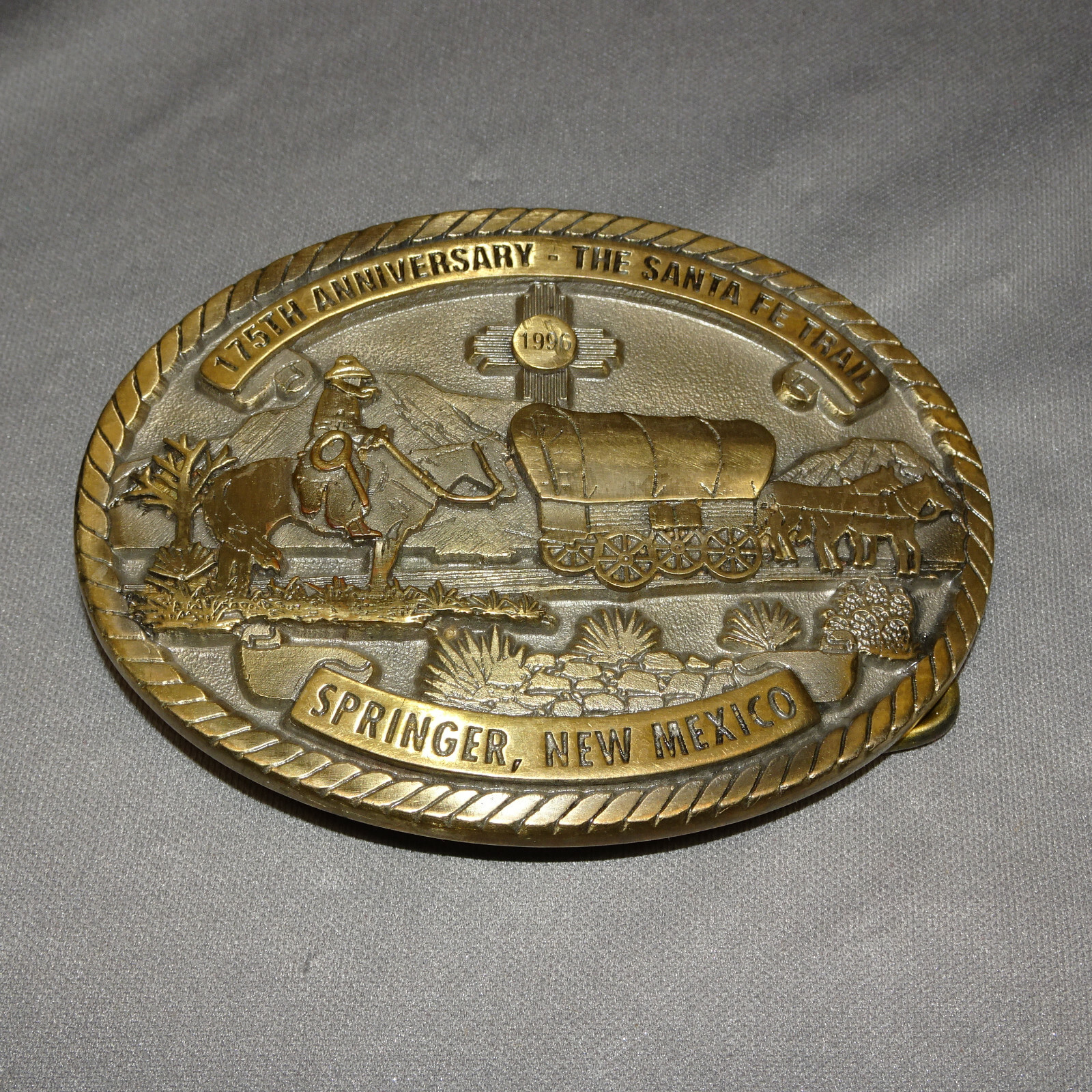 1996 Creative Casting Denison 175TH ANNIVERSARY SANTA FE TRAIL BELT BUCKLE BRASS