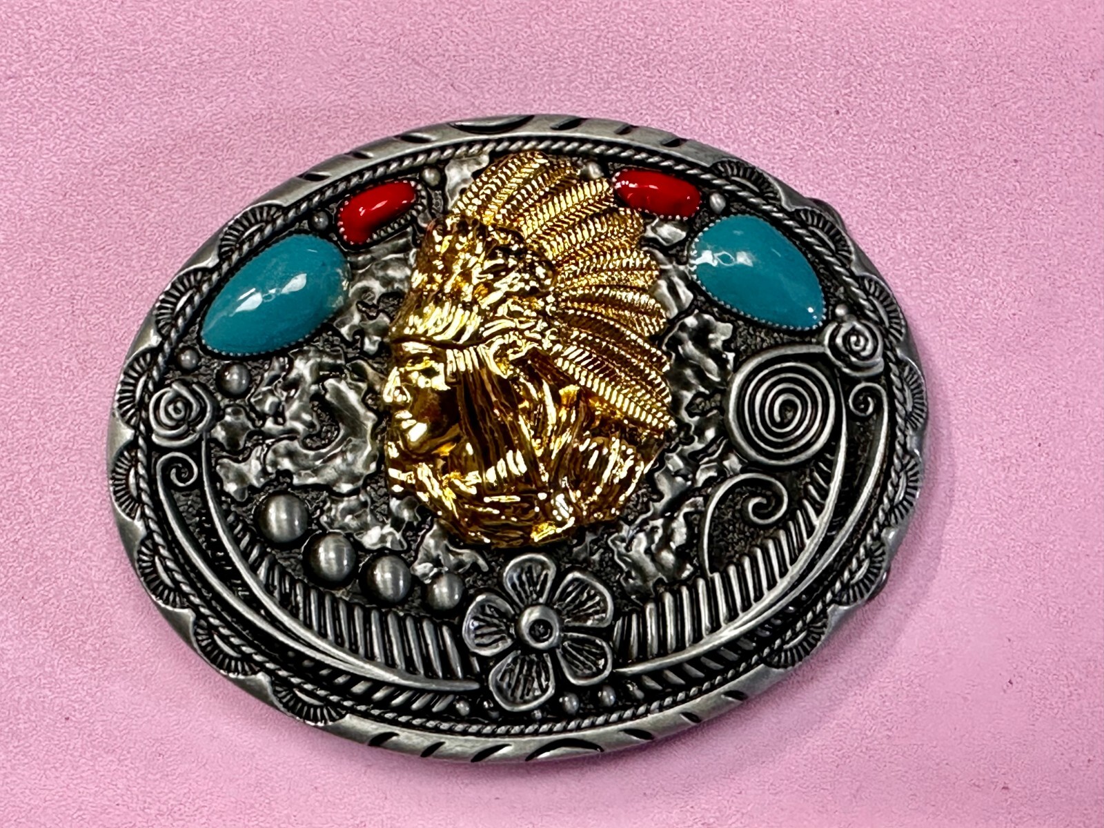 Native American Indian Chief in Head Dress Faux Turquoise & Coral Belt Buckle