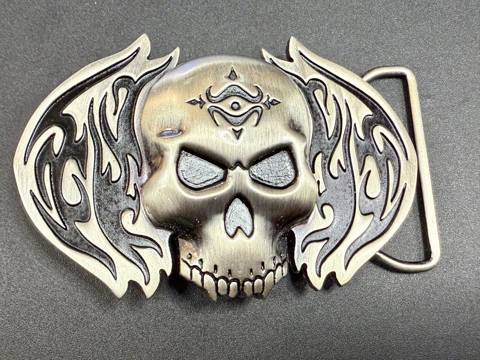 Skull with Flames Cutout Silver & Black Color Silver Moon Creations Belt Buckle