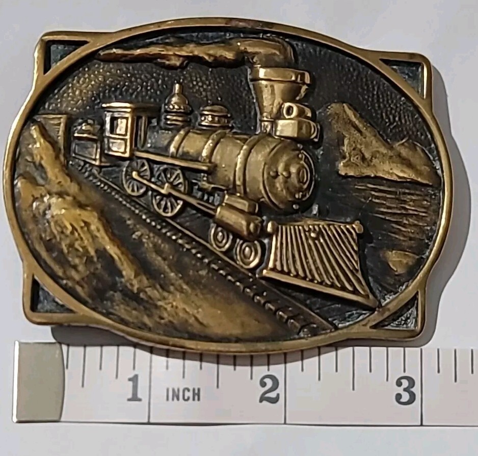 Vintage Belt Buckle Solid Brass Steam Engine Train 1978 BTS Used Made In The USA